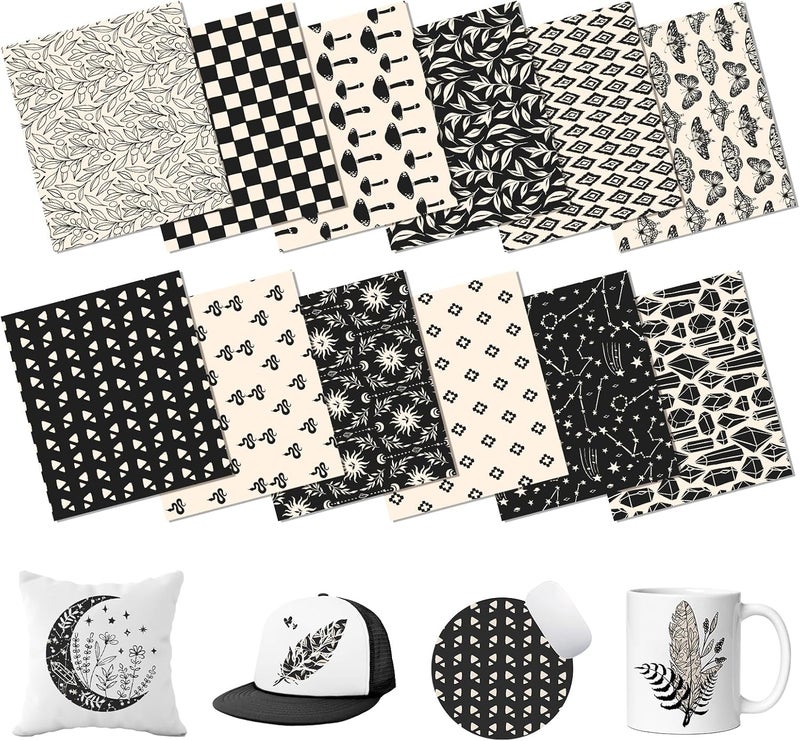 HTVSTD Black and White Sublimation Transfer Ink Paper-12pcs 12"x10" Boho Style Patterned Sublimation Transfer Paper for Mugs DIY Sublimation Paper - Image 1